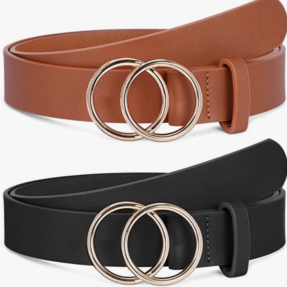 2 Pack Women Leather Belts Faux Leather Jeans Belt with Double O-Ring Buckle Siz main image 6